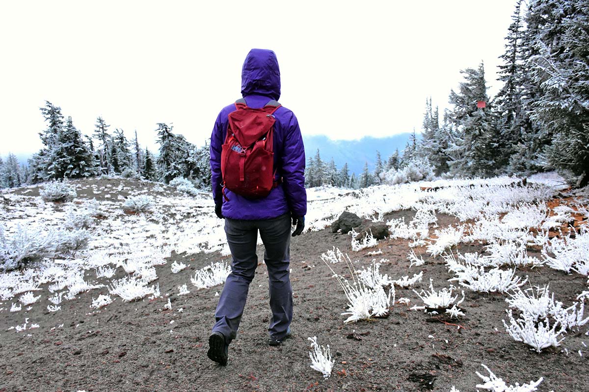 Hiking in the Patagonia DAS Light Hoody synthetic insulated jacket